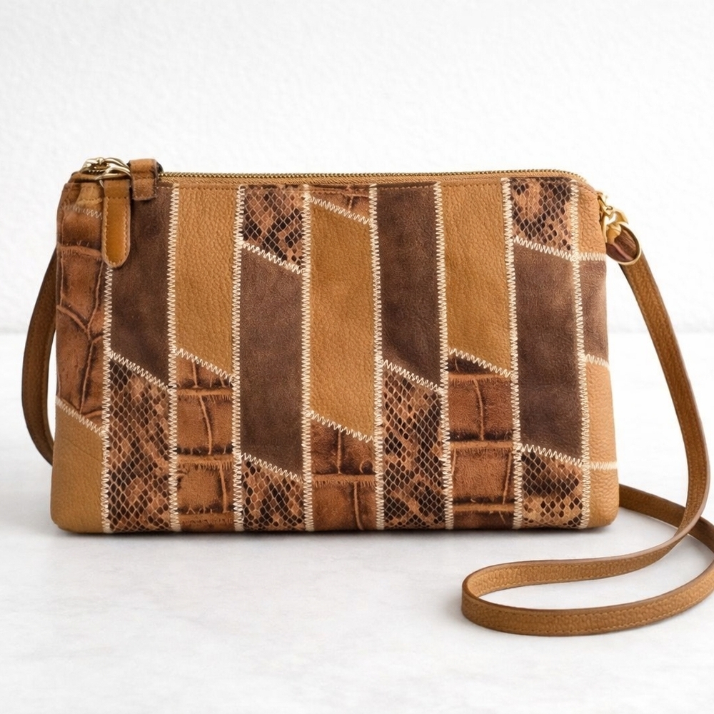 G.I.L.I. Brown Croc Leather Patchwork Crossbody Purse.